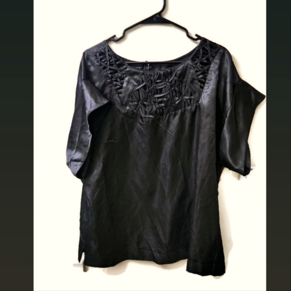 Black Apostrophe crossover front asymmetrical hem
